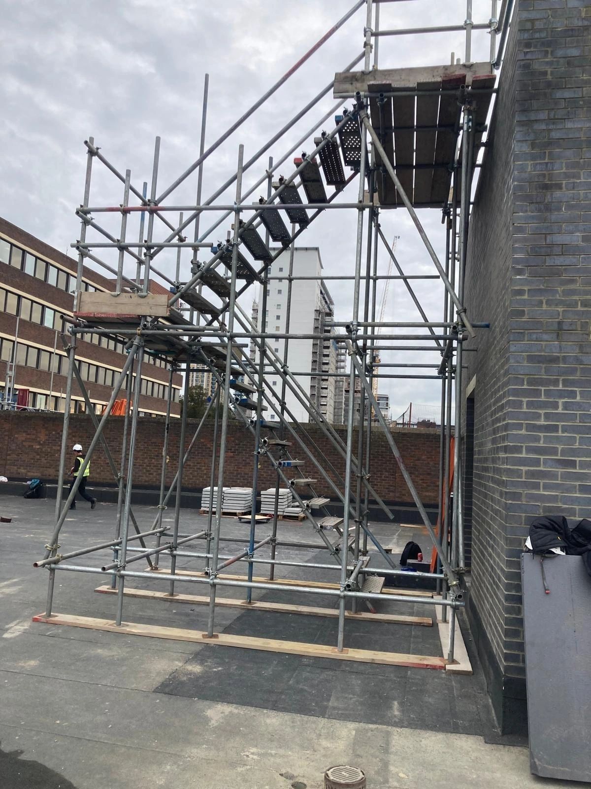 Workers on scaffolding construction site